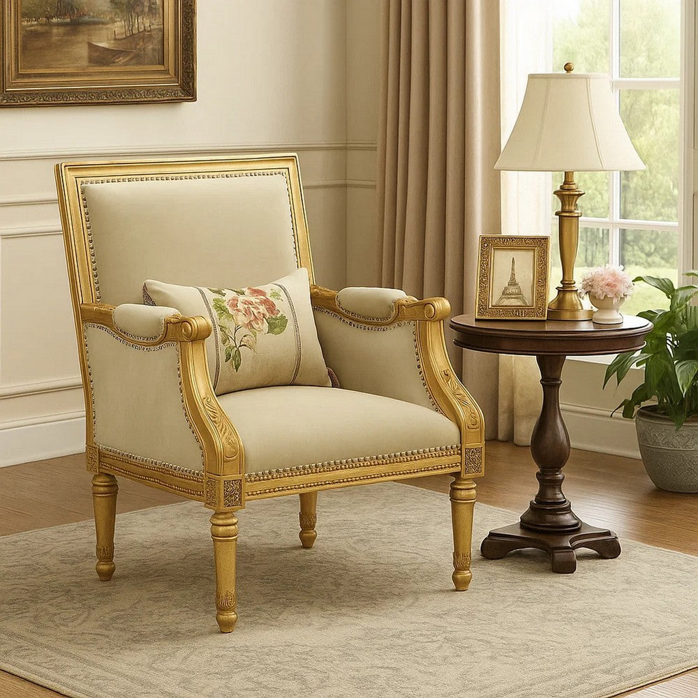Wooden Chair with Fabric Padded Seat and Backrest, Gold