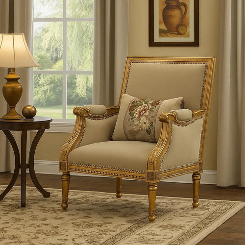 Wooden Chair with Fabric Padded Seat and Backrest, Gold