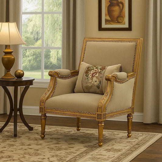 Wooden Chair with Fabric Padded Seat and Backrest, Gold