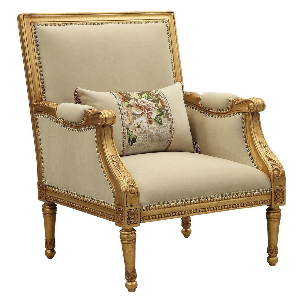 Wooden Chair with Fabric Padded Seat and Backrest, Gold
