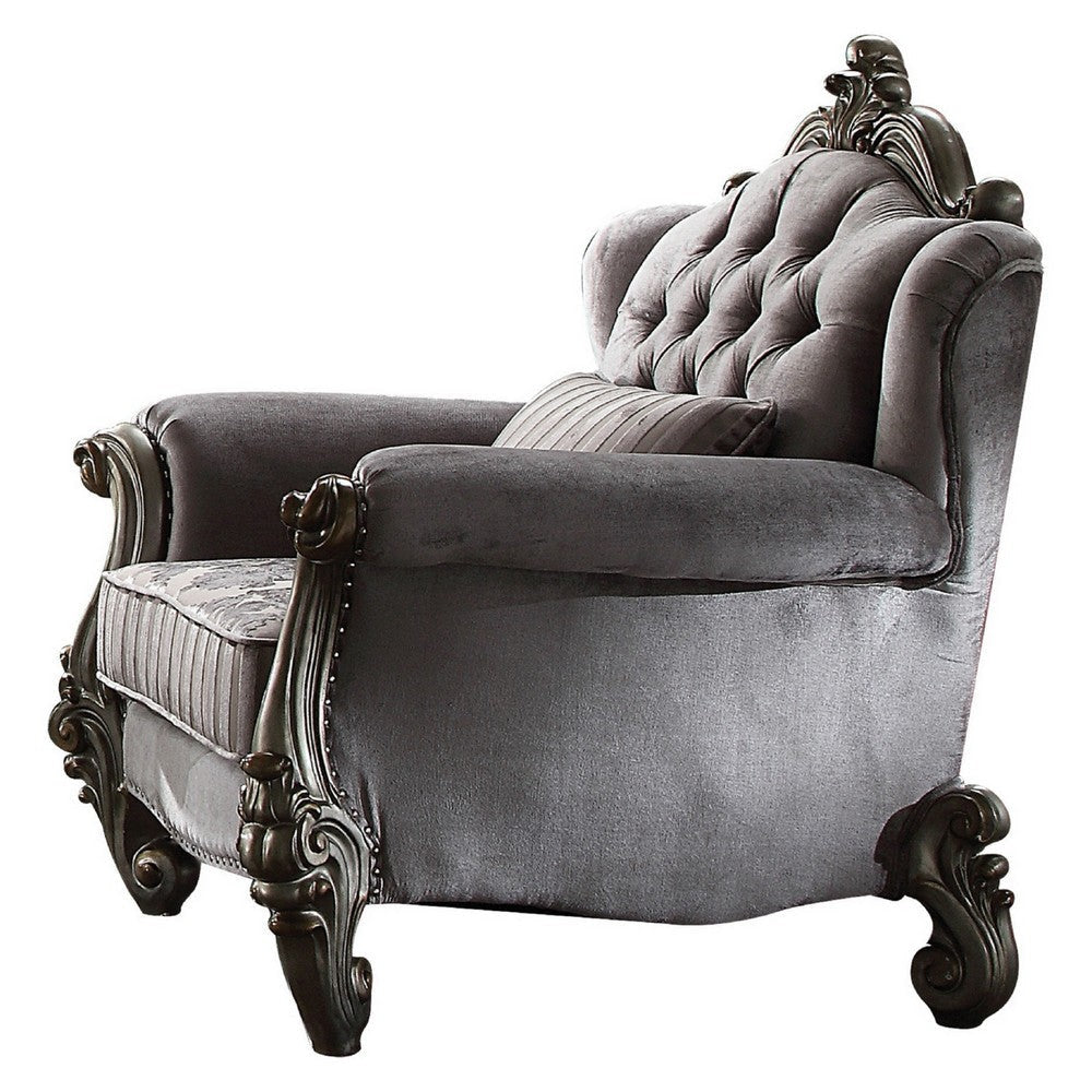 Traditional Fabric Upholstered Wooden Chair with Tufted Details, Gray