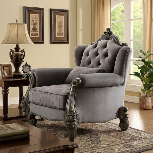 Traditional Fabric Upholstered Wooden Chair with Tufted Details, Gray