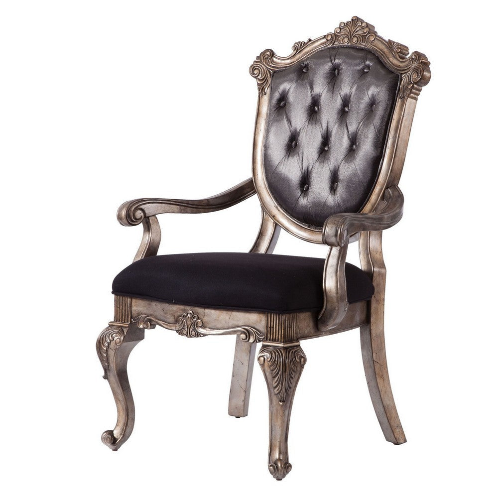 Wooden Arm Chair with Button Tufted Padded Backrest,Set of 2,Silver and Gray BM221491