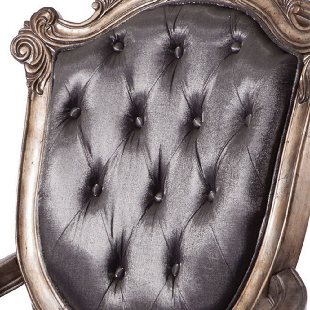 Wooden Arm Chair with Button Tufted Padded Backrest,Set of 2,Silver and Gray BM221491