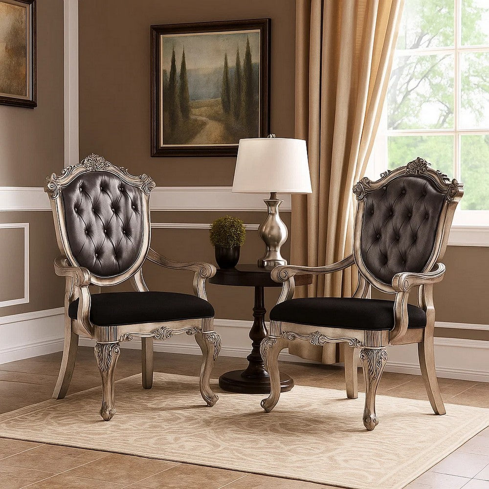 Wooden Arm Chair with Button Tufted Padded Backrest,Set of 2,Silver and Gray