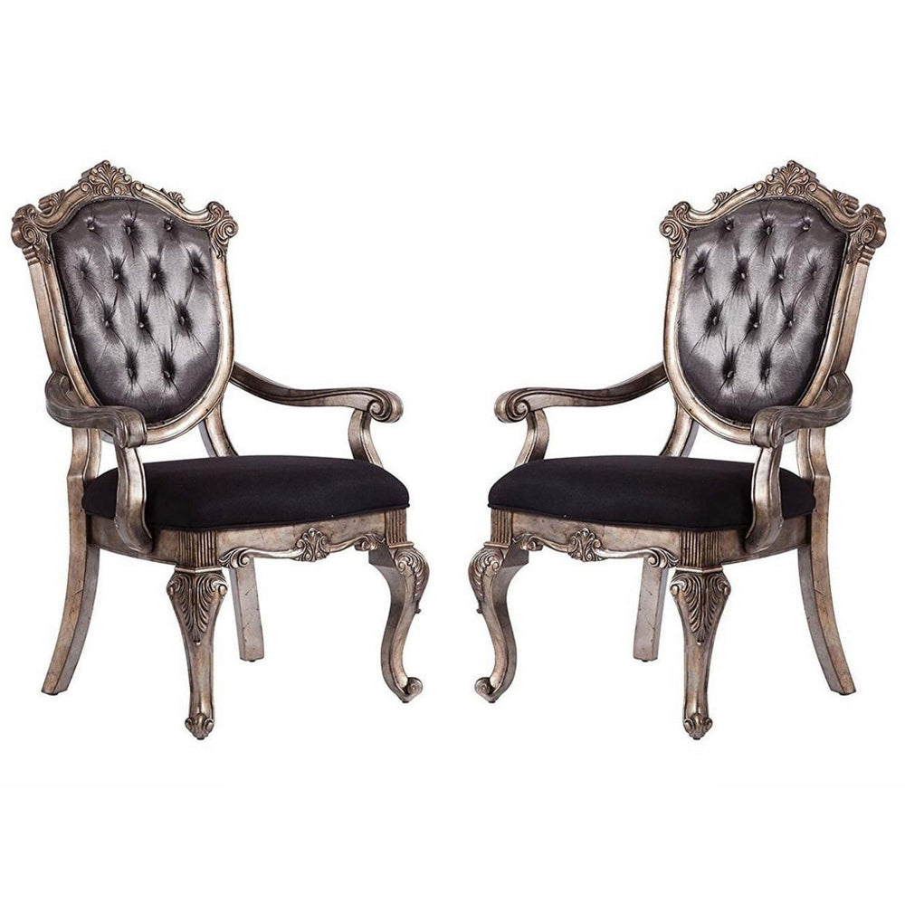 Wooden Arm Chair with Button Tufted Padded Backrest,Set of 2,Silver and Gray
