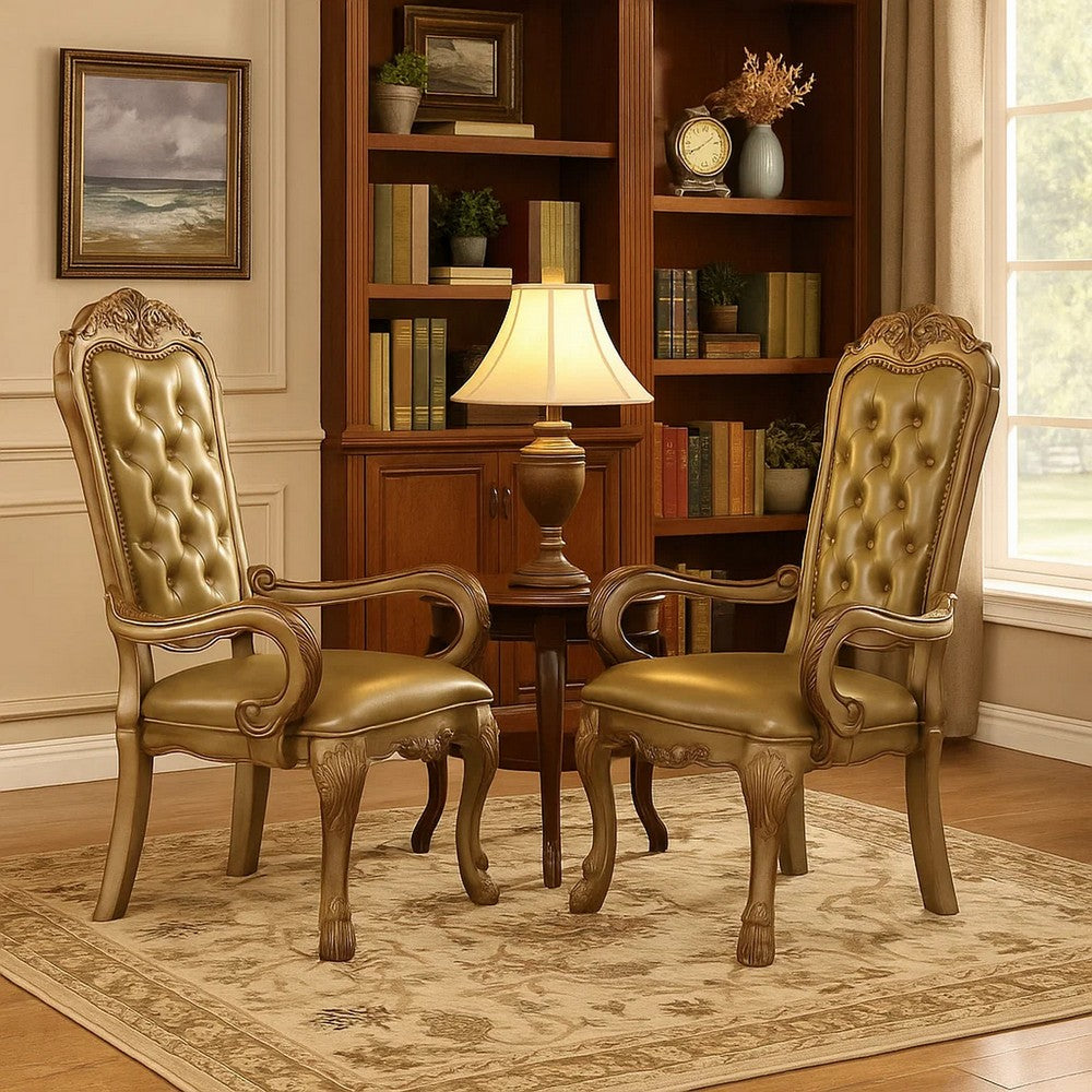 Leatherette Upholstered Arm Chair with Intricate Carvings, Set of 2, Gold