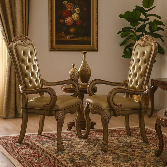 Leatherette Upholstered Arm Chair with Intricate Carvings, Set of 2, Gold
