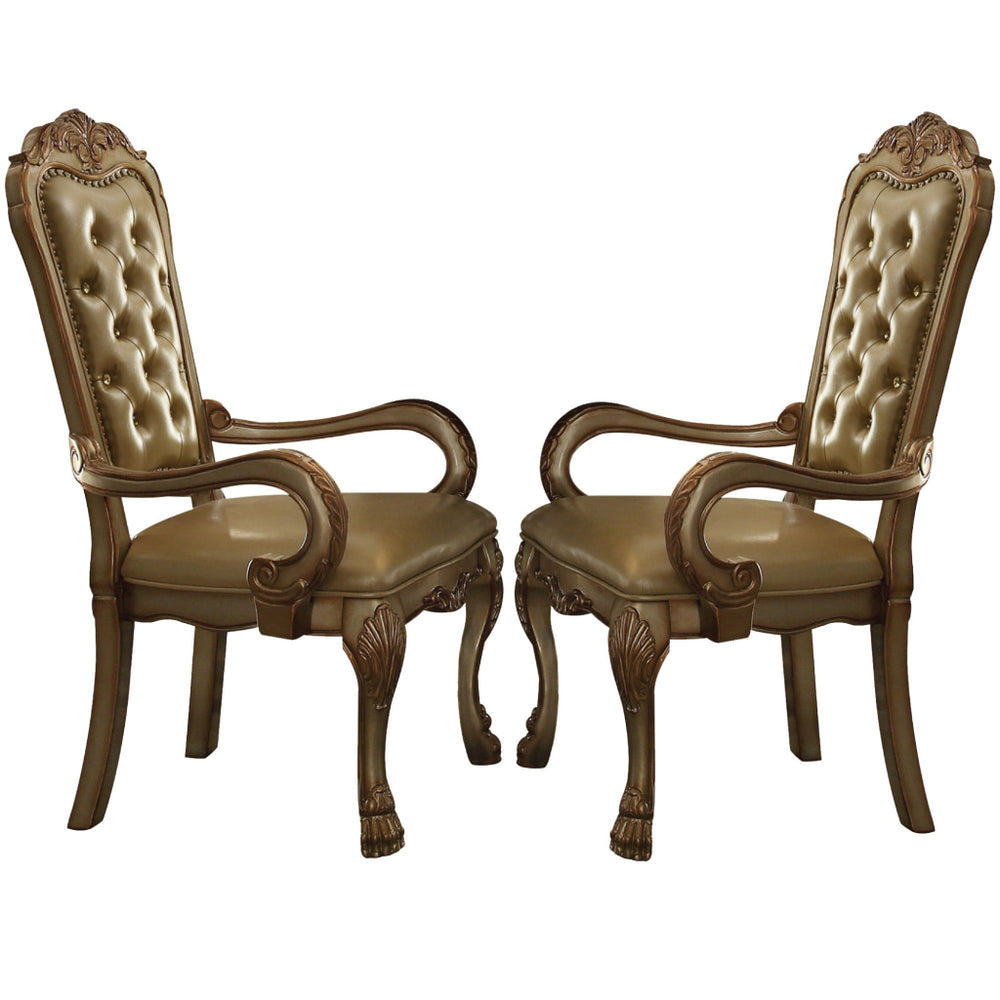 Leatherette Upholstered Arm Chair with Intricate Carvings, Set of 2, Gold