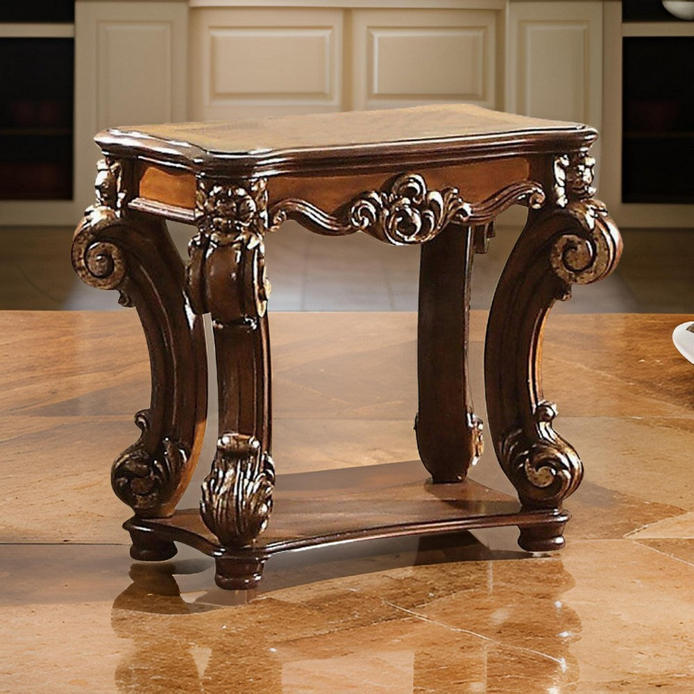 Intricately Carved Wooden Side Table with Scrolled Legs,Brown By Casagear Home
