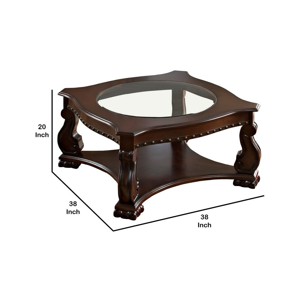 Wood and Glass Coffee Table with Rivet Accents Brown By Casagear Home BM221531