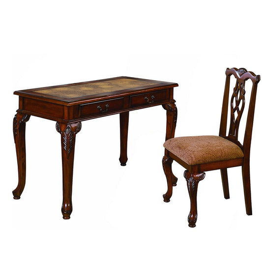 Wood Desk & Chair Set | 2 Pieces | Cabriole Legs | Brown