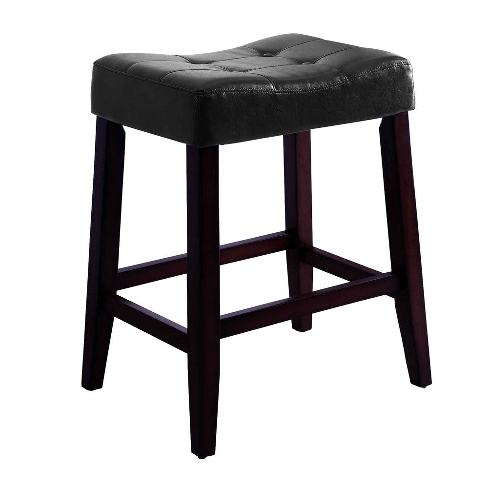 Wooden Stools with Saddle Seat and Button Tufts, Set of 2, Black and Brown