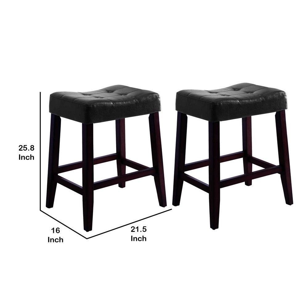 Wooden Stools with Saddle Seat and Button Tufts, Set of 2, Black and Brown