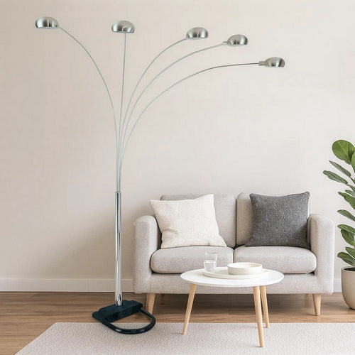 Contemporary Arched Metal Floor Lamp | 5 Lights | Black & Silver
