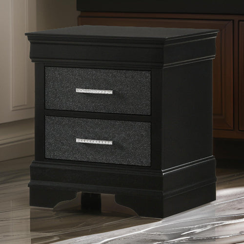 Wood Nightstand | 2 Drawers | Horizontal Pull | Studded Accent | Black