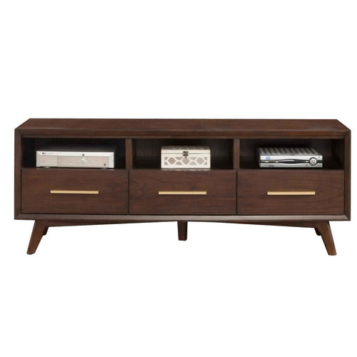 3 Drawer Transitional TV Console with 3 Open Compartments, Walnut Brown