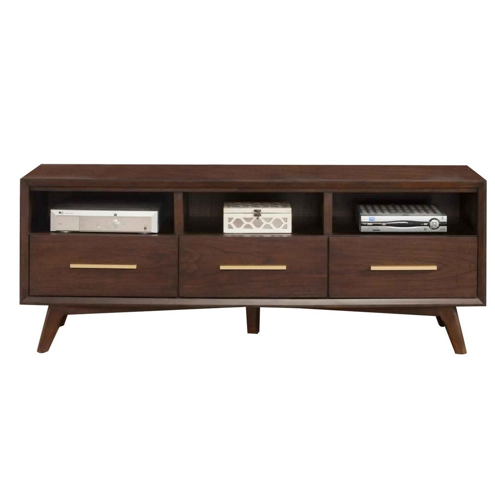 3 Drawer Transitional TV Console with 3 Open Compartments, Walnut Brown