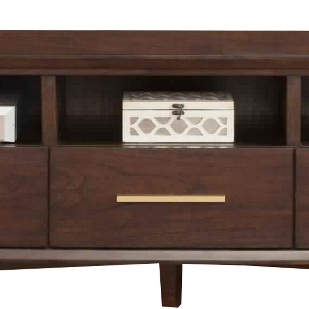 3 Drawer Transitional TV Console with 3 Open Compartments, Walnut Brown