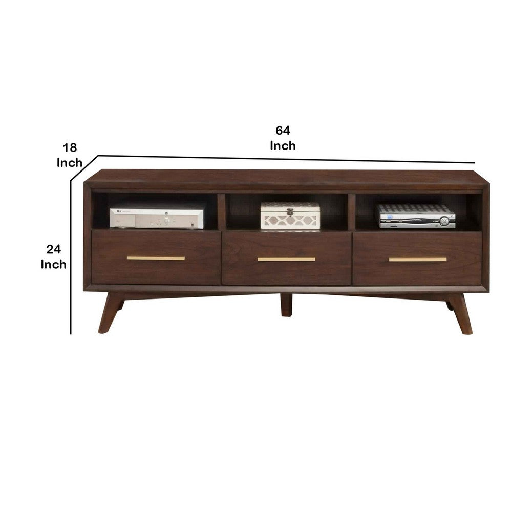 3 Drawer Transitional TV Console with 3 Open Compartments, Walnut Brown