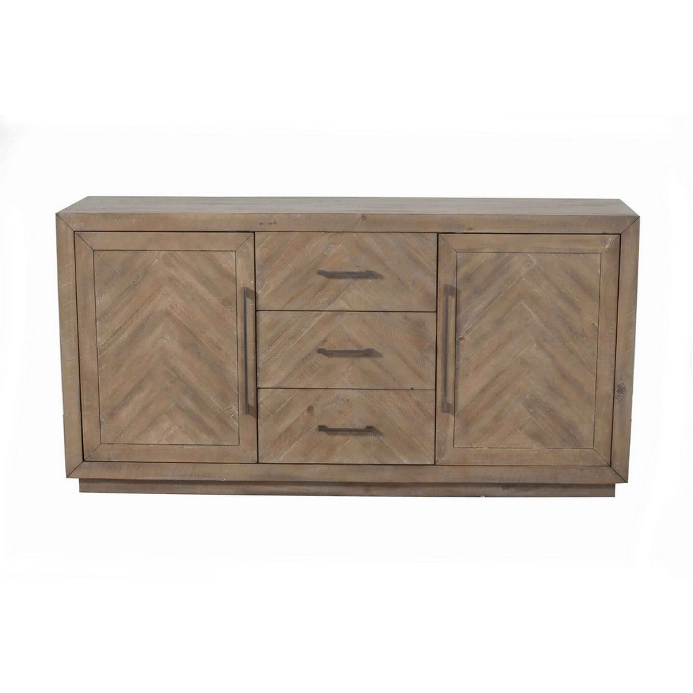 3 Drawer Herringbone Front Wooden Server with 2 Doors, Brown