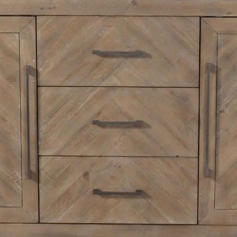 3 Drawer Herringbone Front Wooden Server with 2 Doors, Brown