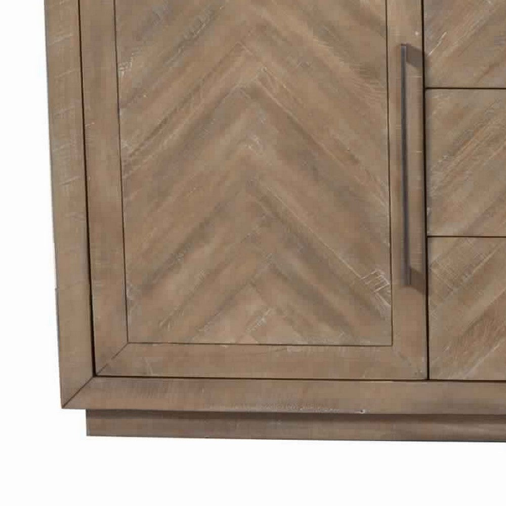 3 Drawer Herringbone Front Wooden Server with 2 Doors, Brown