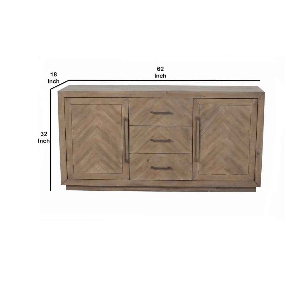 3 Drawer Herringbone Front Wooden Server with 2 Doors, Brown