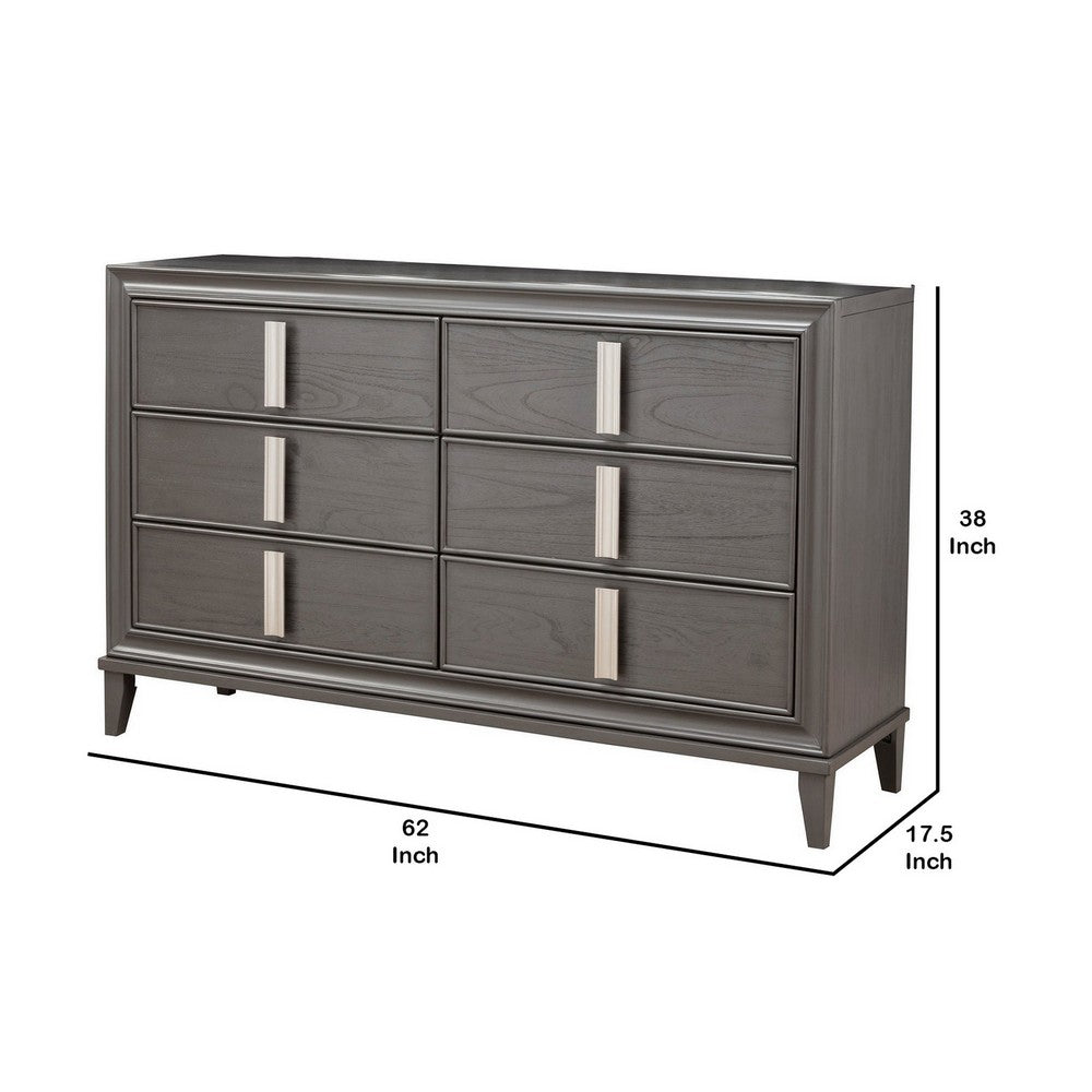 6 Drawer Transitional Style Wood Dresser with Metal Pulls, Gray