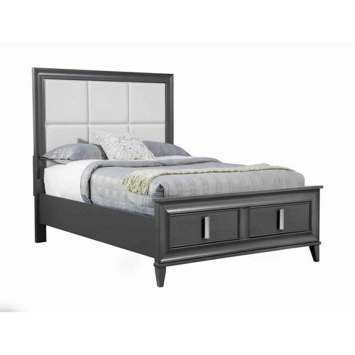 Transitional California King Storage Bed with Fabric Headboard, Gray and Cream