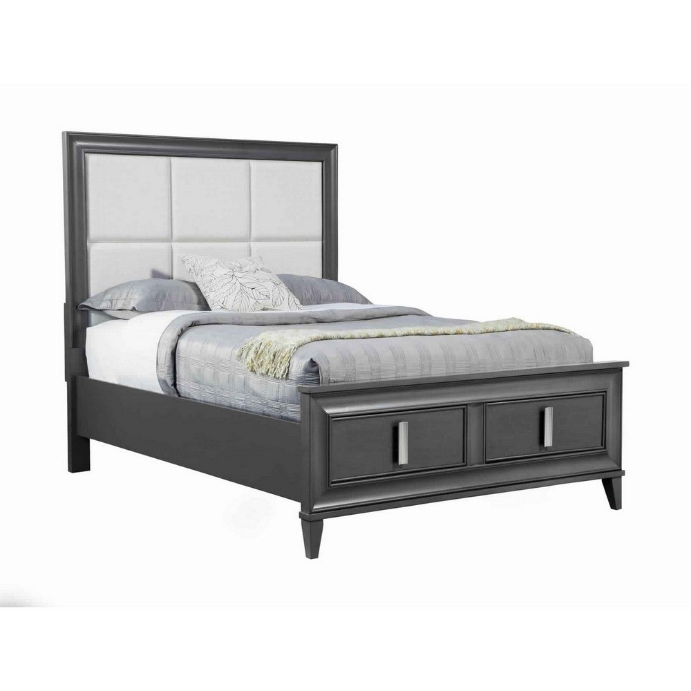 Transitional California King Storage Bed with Fabric Headboard, Gray and Cream