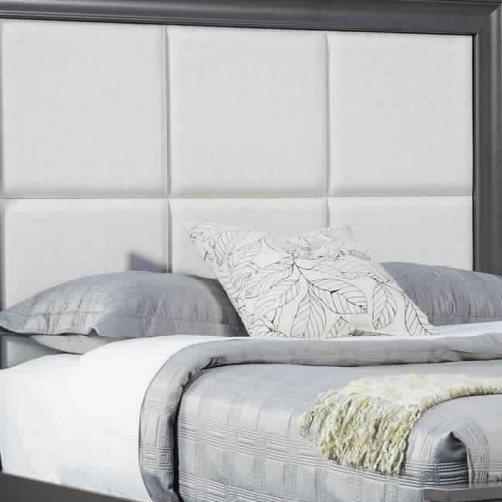 Transitional California King Storage Bed with Fabric Headboard, Gray and Cream