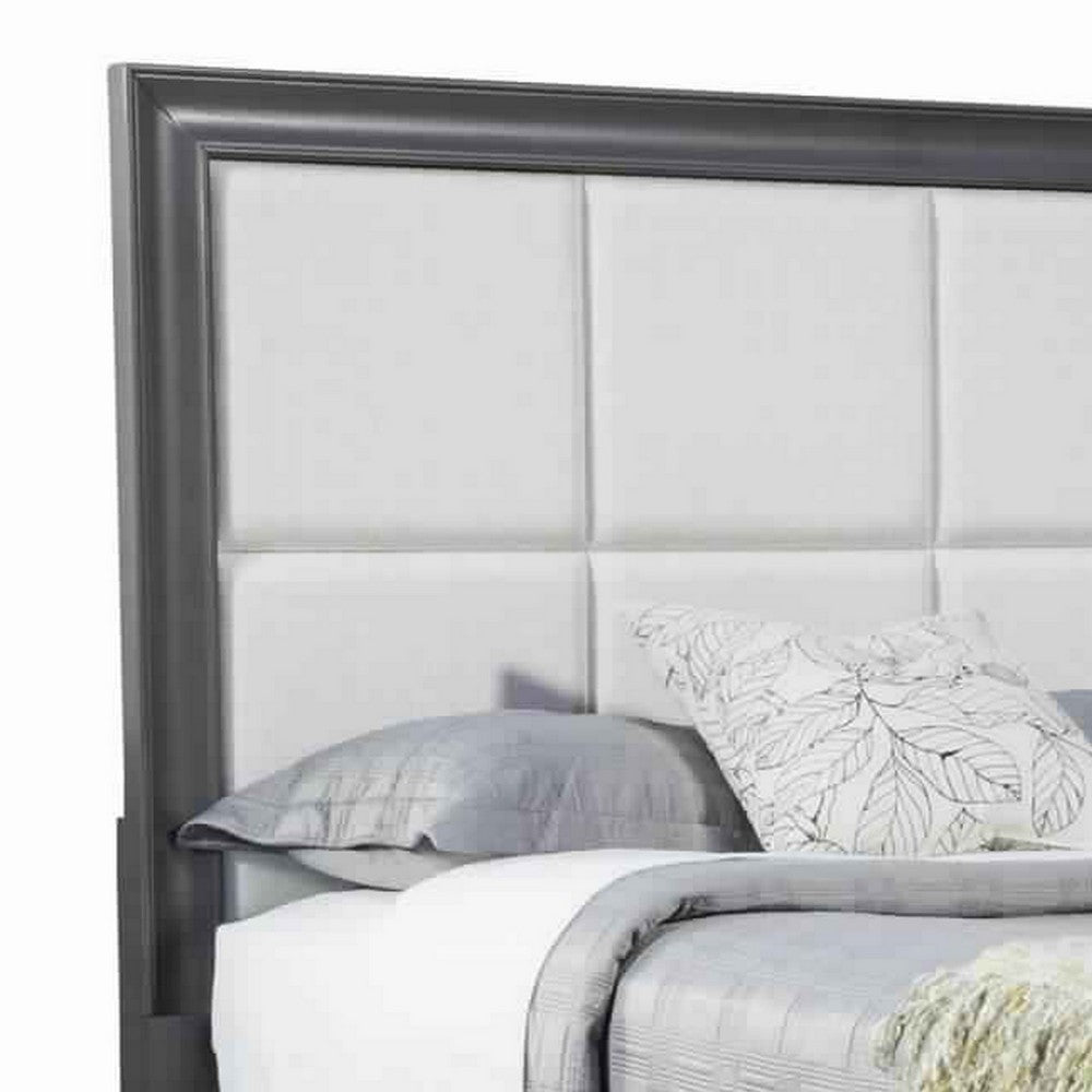 Transitional California King Storage Bed with Fabric Headboard, Gray and Cream