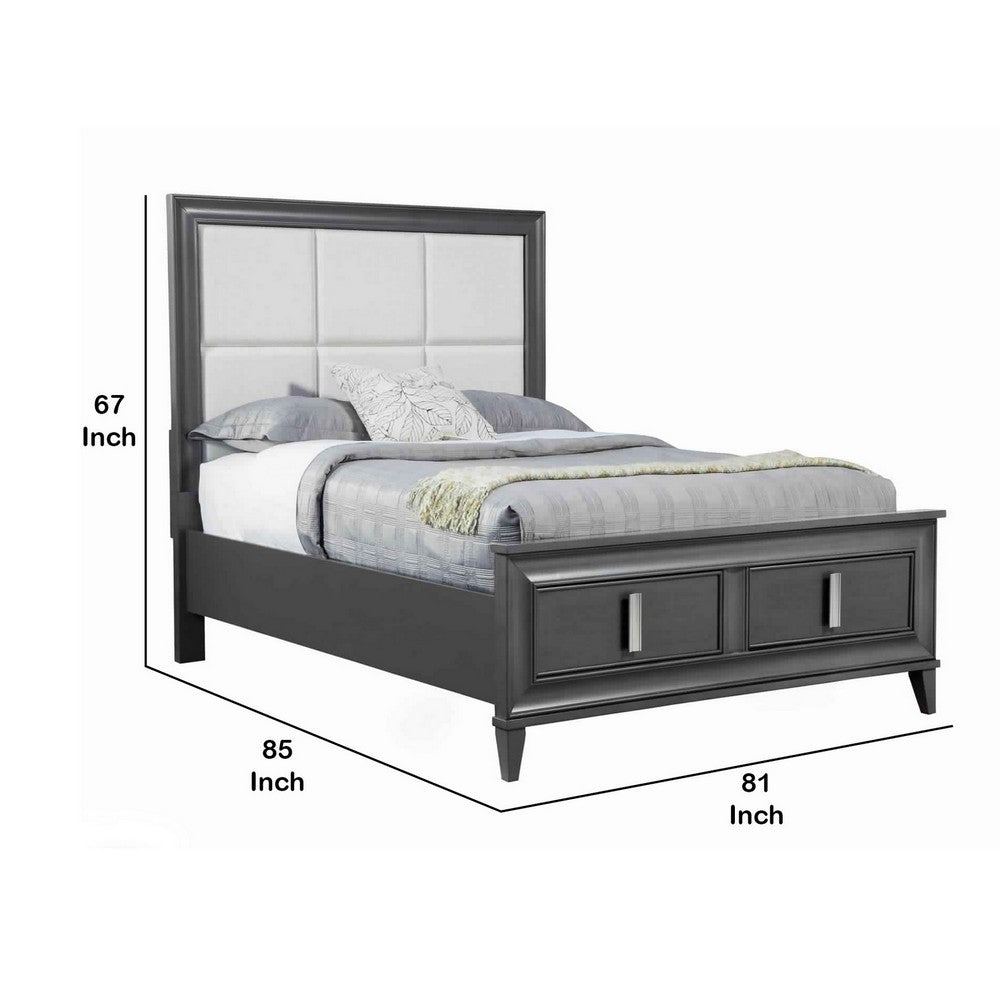 Transitional California King Storage Bed with Fabric Headboard, Gray and Cream
