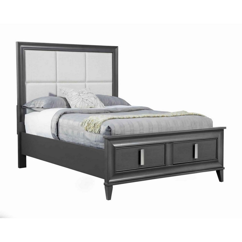 Transitional Standard King Storage Bed with Fabric Headboard, Gray and Cream