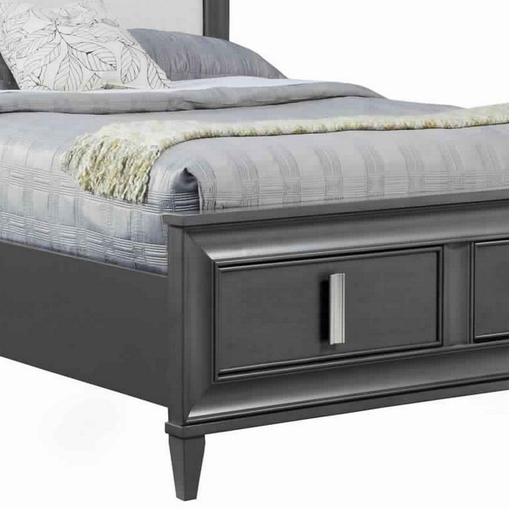 Transitional Standard King Storage Bed with Fabric Headboard, Gray and Cream