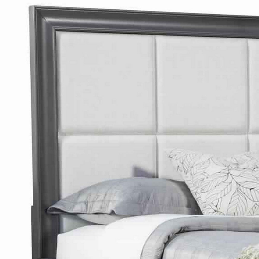 Transitional Standard King Storage Bed with Fabric Headboard, Gray and Cream
