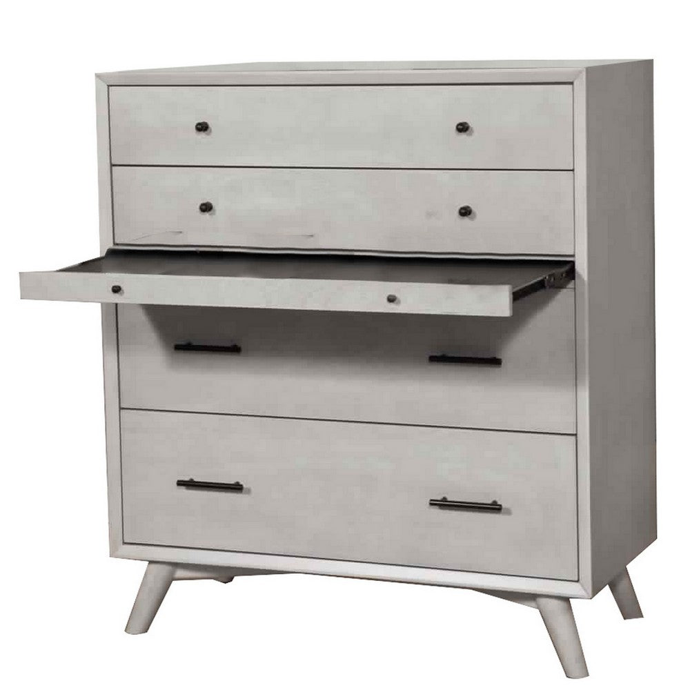 4 Drawer Mid Century Modern Wooden Chest with Pull Out Tray, Gray