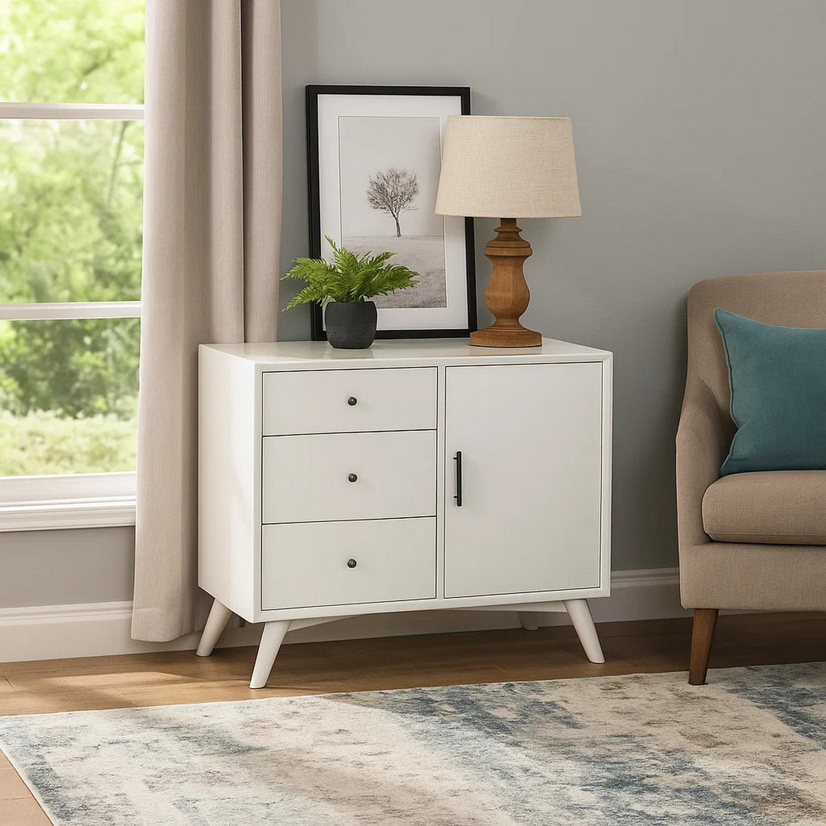 Wood Accent Cabinet | 3 Drawers | 1 Door | White