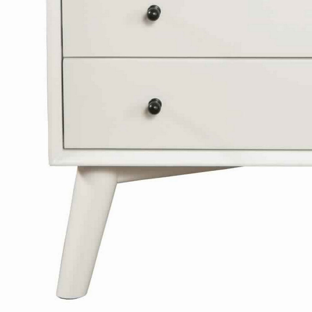 2 Drawer Wooden Nightstand with Open Compartment and Splayed Legs, White