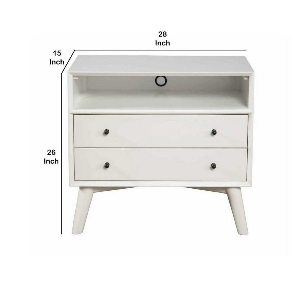 2 Drawer Wooden Nightstand with Open Compartment and Splayed Legs, White