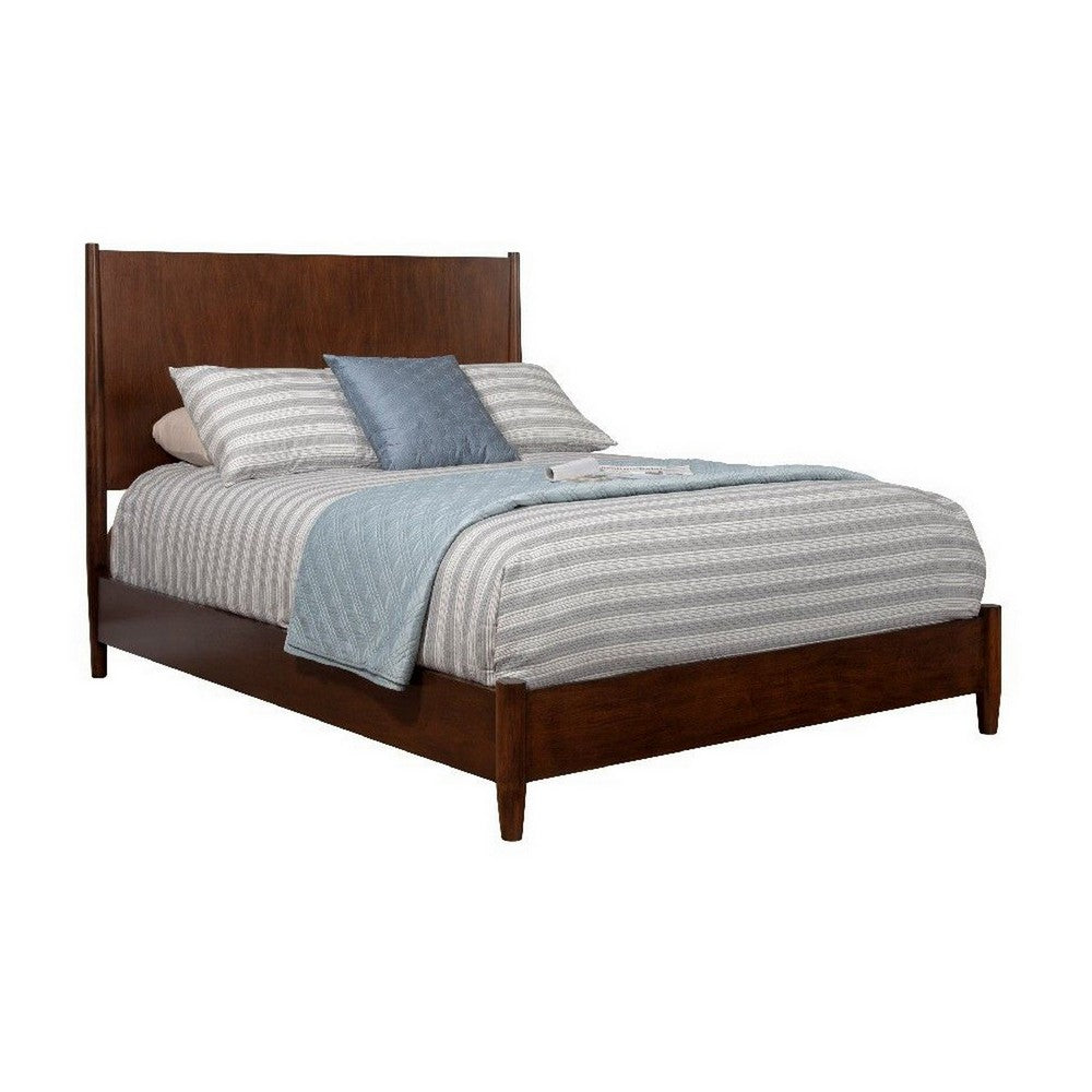 Mid Century Modern Wooden Queen Bed with Round Legs, Brown