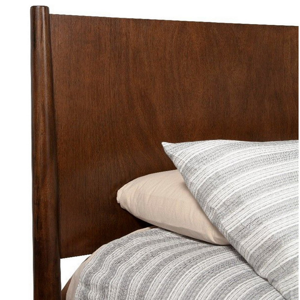 Mid Century Modern Wooden Queen Bed with Round Legs, Brown
