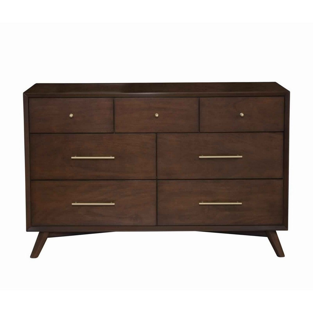 7 Drawer Mid Century Modern Wooden Dresser with Splayed Legs, Brown