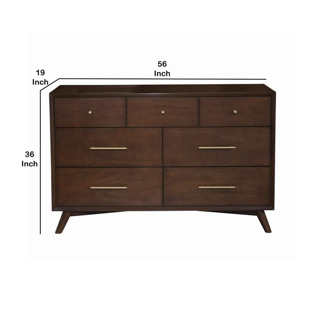 7 Drawer Mid Century Modern Wooden Dresser with Splayed Legs, Brown