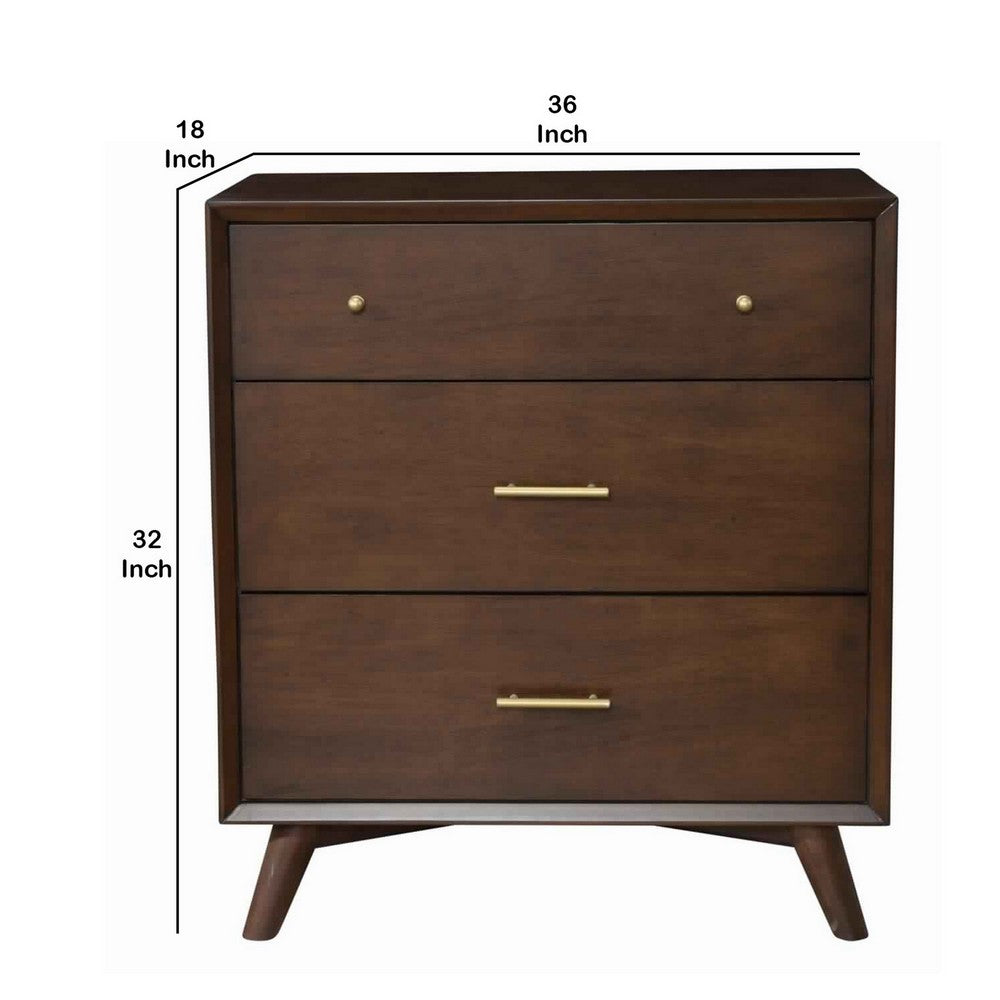 3 Drawer Mid Century Modern Wooden Chest with Splayed Legs, Small, Brown