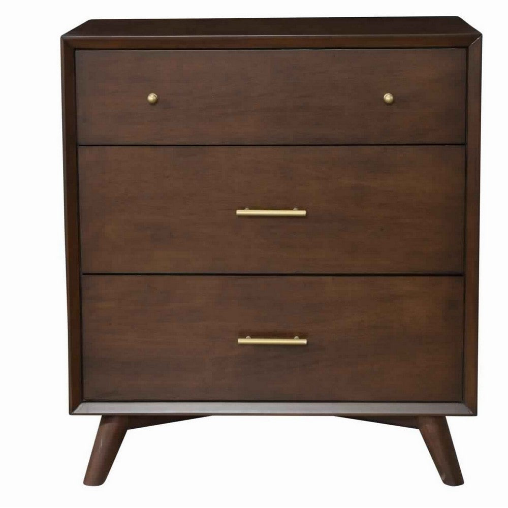 3 Drawer Mid Century Modern Wooden Chest with Splayed Legs, Small, Brown
