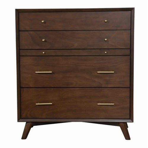 Mid Century Modern Wood Tall Dresser Chest | 4 Drawers | Pull Out Tray | Brown