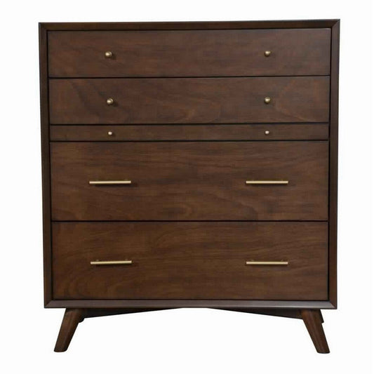 Mid Century Modern Wood Tall Dresser Chest | 4 Drawers | Pull Out Tray | Brown