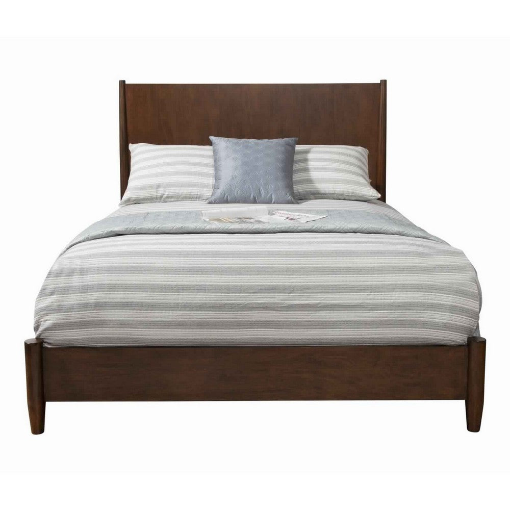Mid Century Modern Wooden Full Size Bed with Round Legs, Brown